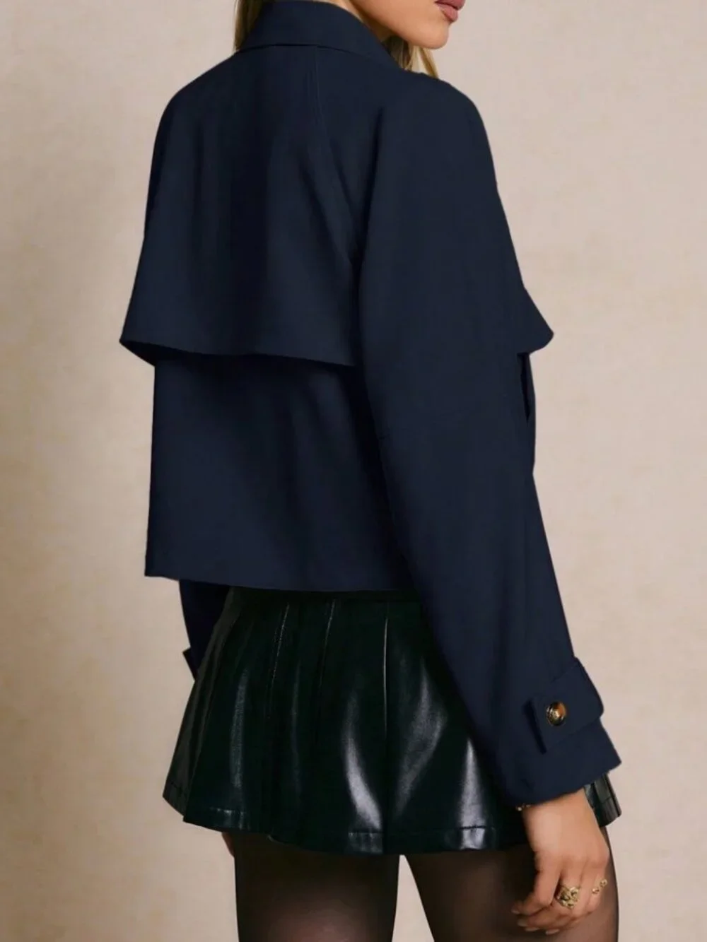 Navy Cropped Trench Jacket with Button Front